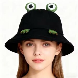 Black Bucket Hat with Frog Eyes